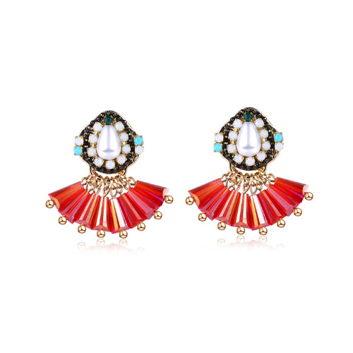 Sector Red Beads Tassel Earrings