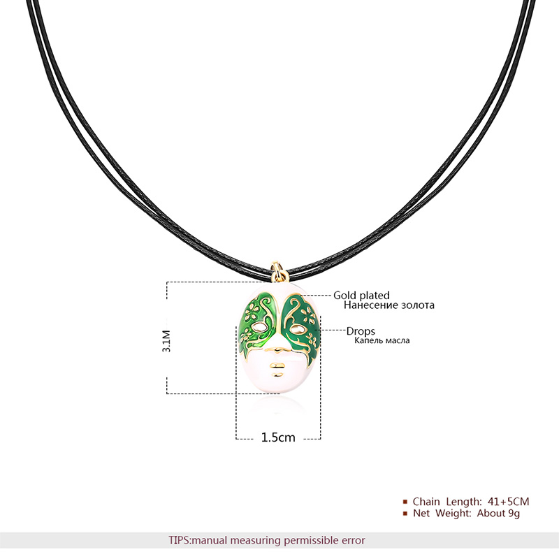 Green Angel Face 18k Gold Pendant Leather Chain Necklace Green Angel Face 18k Gold Pendant Leather Chain Necklace