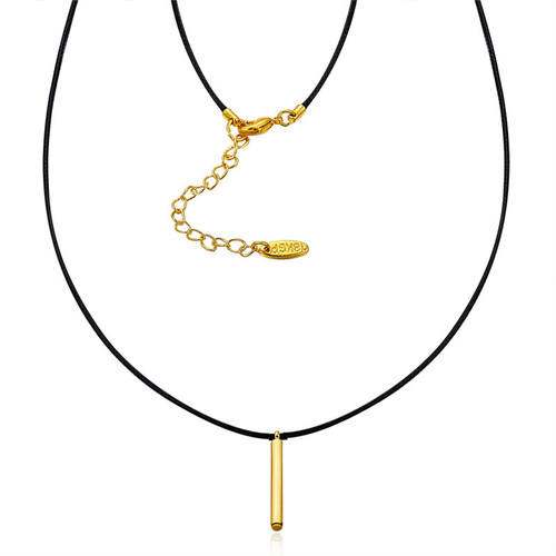 18K Gold Bar Pendant Leather Necklace